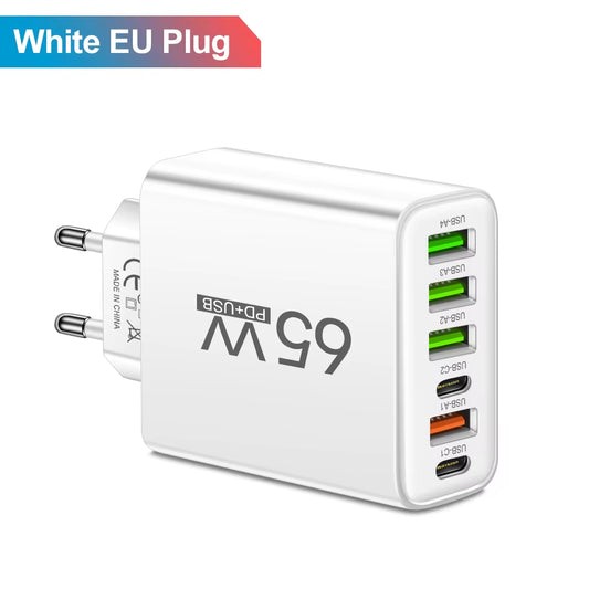 Total 65W USB C Charger 6 Ports Fast Charging Wall Charger for Iphone 15 14 Pro Max Samsung Galaxy S23 Xiaomi 14 Mobile Phone Ch