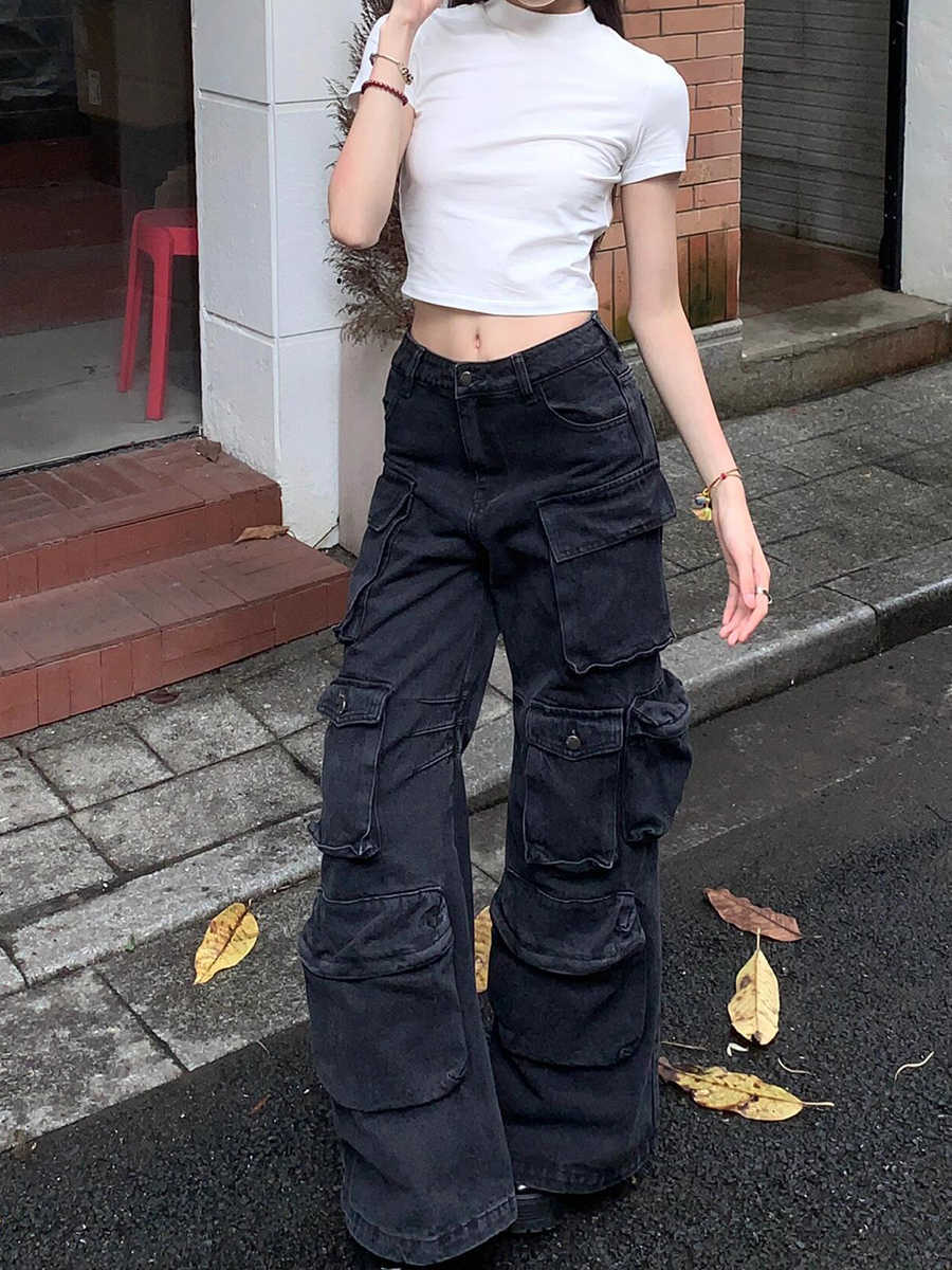 Retro Black Multi-pocket Cargo Pants Women's Loose Jeans