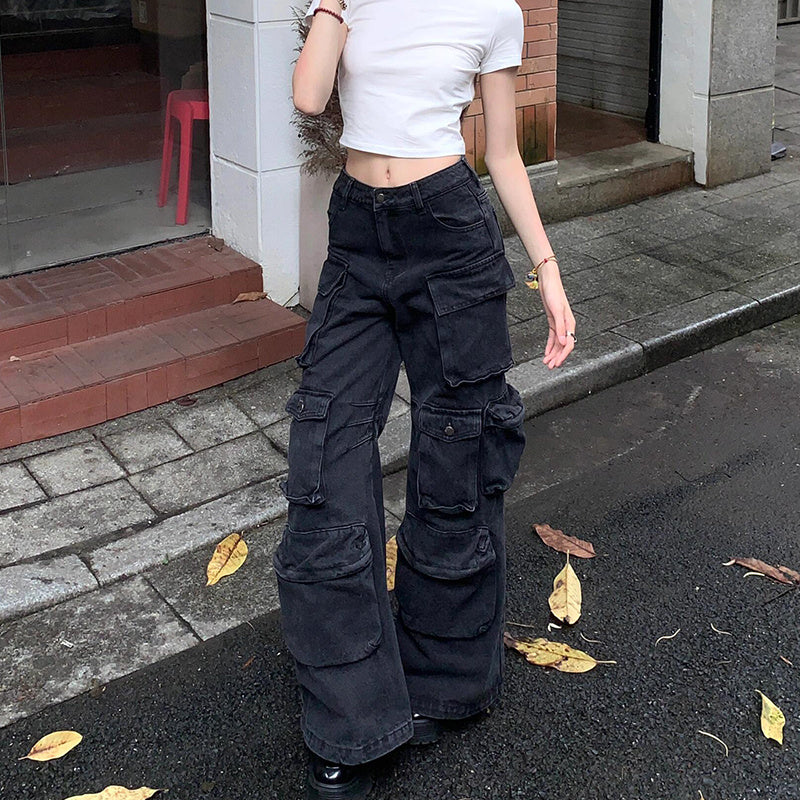 Retro Black Multi-pocket Cargo Pants Women's Loose Jeans