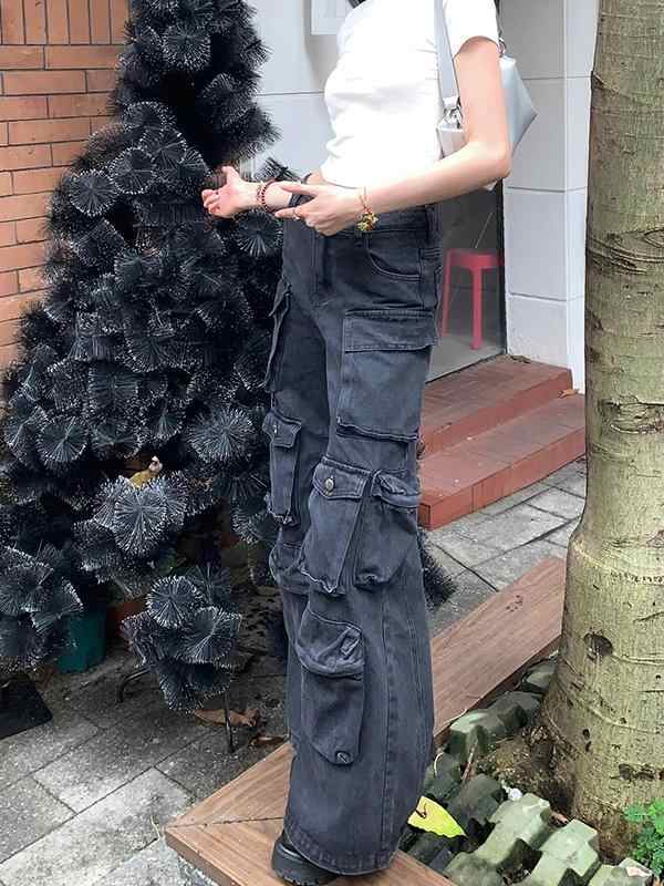 Retro Black Multi-pocket Cargo Pants Women's Loose Jeans