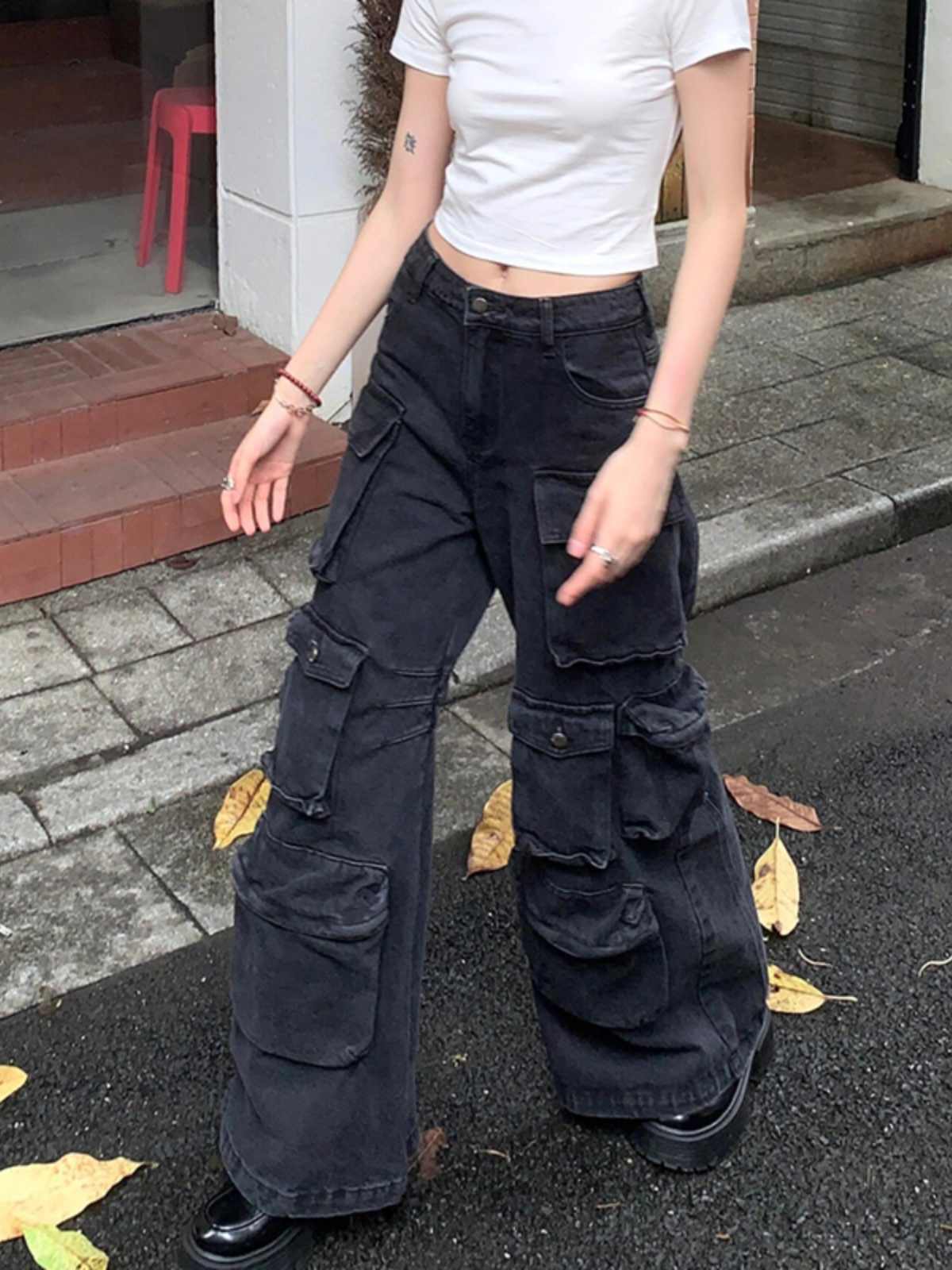 Retro Black Multi-pocket Cargo Pants Women's Loose Jeans