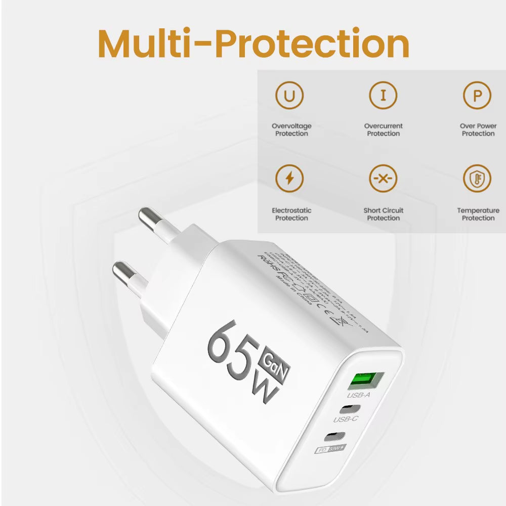 65W Gan USB Fast Charger Type C PD Quick Charging Charger Mobile Phone Power Adapter for Iphone 14 15 Pro Xiaomi Samsung Oneplus